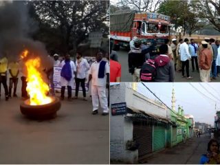 ಹುಬ್ಬಳ್ಳಿ ಧಾರವಾಡ ಬಂದ್- KSRTC  ಬಸ್ ನಿಲ್ದಾಣದ ಟಿಕೆಟ್ ಕೌಂಟರ್ ಕಲ್ಲು, ಟೈರ್ ಗಳಿಗೆ ಬೆಂಕಿ ಹಚ್ಚಿ ಆಕ್ರೋಶ