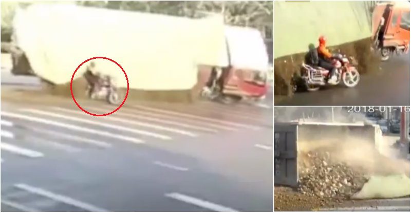 ಕಲ್ಲುಗಳನ್ನ ಹೊತ್ತೊಯ್ತಿದ್ದ ಲಾರಿ ಪಲ್ಟಿ- ಬೈಕ್ ಸವಾರನ ಜಸ್ಟ್ ಎಸ್ಕೇಪ್ ವಿಡಿಯೋ ನೋಡಿ