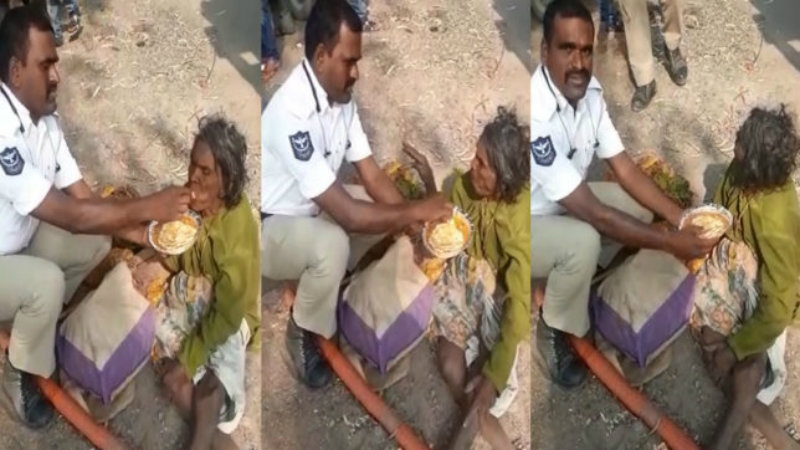 ವೈರಲ್ ಆಗ್ತಿದೆ ವೃದ್ದೆಗೆ ಕೈಯಾರೆ ಪೂರಿ ತಿನ್ನಿಸುತ್ತಿರುವ ಟ್ರಾಫಿಕ್ ಪೊಲೀಸ್ ಫೋಟೋ