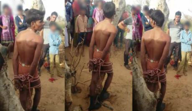 ಪತ್ನಿಯೊಂದಿಗೆ ಸಿಕ್ಕಿಬಿದ್ದ ಯುವಕನನ್ನ ಮರಕ್ಕೆ ಕಟ್ಟಿ ಅರೆನಗ್ನಗೊಳಿಸಿ ಥಳಿಸಿದ ಪತಿ – ವಿಡಿಯೋ ವೈರಲ್