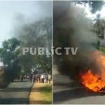 ಬೈಕ್, ಖಾಸಗಿ ಬಸ್ ಡಿಕ್ಕಿ: ಅಪಘಾತದ ರಭಸಕ್ಕೆ ಹೊತ್ತಿ ಉರಿಯಿತು ಎರಡು ವಾಹನ