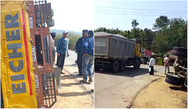 ವೇಗವಾಗಿ ಬಂದು ರಸ್ತೆ ತಿರುವಿನಲ್ಲಿ ಮಿನಿ ಕ್ಯಾಂಟರ್ ಪಲ್ಟಿ