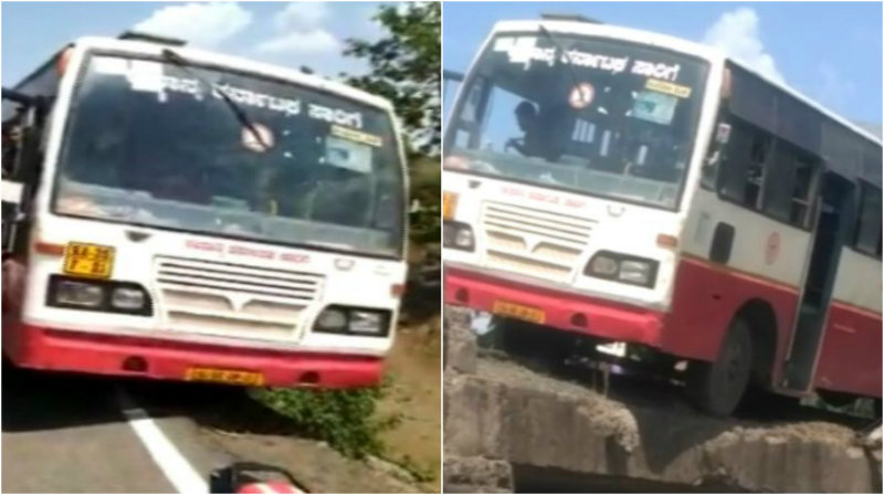 ಲಾರಿ ಅಪಘಾತ ತಪ್ಪಿಸಲು ಹೋಗಿ ಸೇತುವೆಗೆ ಬಸ್ ಡಿಕ್ಕಿ