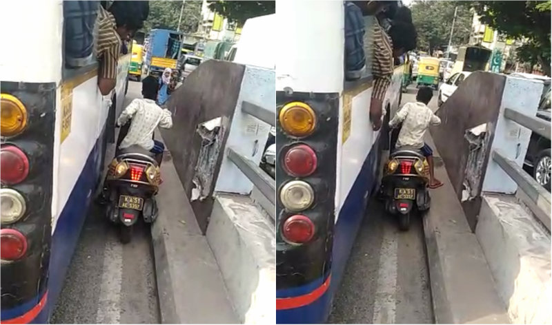 ಬಸ್, ಸೇತುವೆ ಮಧ್ಯೆ ಬೌನ್ಸ್ ಬೈಕ್ ಸರ್ಕಸ್..!