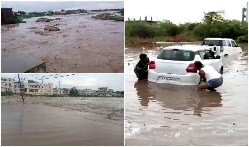 ಮಳೆಯ ಅಬ್ಬರ- ಕಾರು ಜಲಾವೃತ, ಹೆದ್ದಾರಿಗೂ ನುಗ್ಗಿದ ನೀರು
