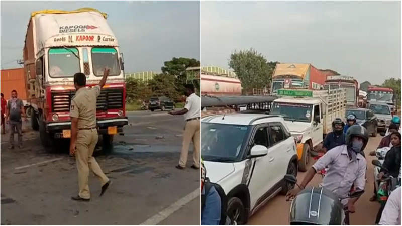 ನೆಲಮಂಗಲ ಬಳಿ ಕಂಟೈನರ್ ಲಾರಿ ಪಲ್ಟಿ- ಕಿಲೋಮೀಟರ್‌ಗಟ್ಟಲೆ ಟ್ರಾಫಿಕ್ ಜಾಮ್