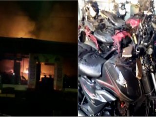 ಶೋರೂಮ್‍ನಲ್ಲಿ ಅಗ್ನಿ ಅವಘಡ – ಲಕ್ಷಾಂತರ ಮೌಲ್ಯದ ಬೈಕ್‍ಗಳು ಬೆಂಕಿಗಾಹುತಿ!