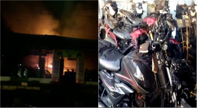ಶೋರೂಮ್‍ನಲ್ಲಿ ಅಗ್ನಿ ಅವಘಡ – ಲಕ್ಷಾಂತರ ಮೌಲ್ಯದ ಬೈಕ್‍ಗಳು ಬೆಂಕಿಗಾಹುತಿ!