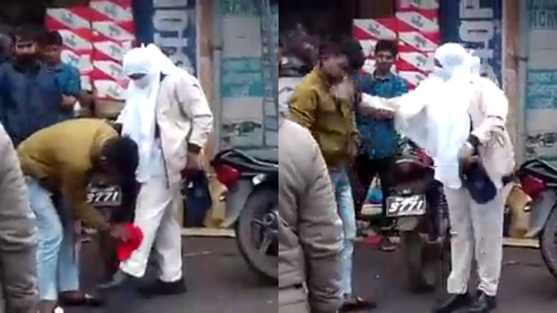 ಕೆಸರೆಚಿದವನ ಕೈಯಲ್ಲೇ ಪ್ಯಾಂಟ್ ಕ್ಲೀನ್ ಮಾಡಿಸಿ ಕಪಾಳಮೋಕ್ಷ ಮಾಡಿದ ಮಹಿಳಾ ಪೊಲೀಸ್
