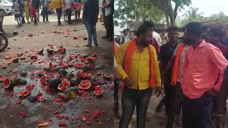 ಹಿಂದೂಯೇತರ ಅಂಗಡಿಯಲ್ಲಿದ್ದ ಕಲ್ಲಂಗಡಿ, ತೆಂಗಿನಕಾಯಿ ಒಡೆದುಹಾಕಿದ ಶ್ರೀರಾಮಸೇನೆ ಕಾರ್ಯಕರ್ತರು