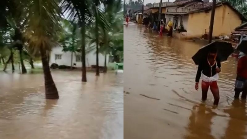 ಭಾರೀ ಮಳೆಗೆ ದ್ವೀಪದಂತಾದ ಹಳ್ಳಿ – ರಸ್ತೆ ಅಗೆದು ನೀರು ಹರಿಸಿದ ಹಳ್ಳಿಗರು