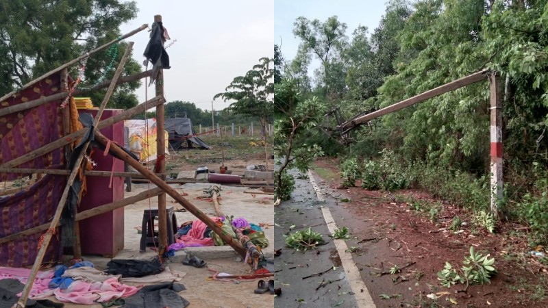 ಬಿರುಗಾಳಿ ಮಳೆಗೆ ಧರೆಗುರುಳಿದ ಮರ, ಮುರಿದ ವಿದ್ಯುತ್ ಕಂಬ – ಗೊಮ್ಮಟೇಶ್ವರ ದೇವಸ್ಥಾನದ ಛಾವಣಿಗೂ ಹಾನಿ