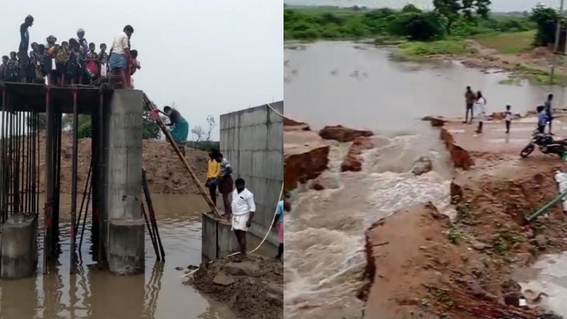 ವರುಣನ ಅಬ್ಬರಕ್ಕೆ ಕೊಚ್ಚಿ ಹೋದ ತಾತ್ಕಾಲಿಕ ರಸ್ತೆ – ಶಾಲಾ ಮಕ್ಕಳ ಪರದಾಟ