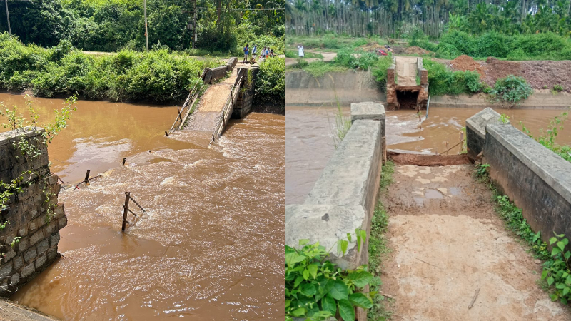ಎರಡು ದಿನದಿಂದ ಸುರಿದ ಧಾರಾಕಾರ ಮಳೆಗೆ ಕುಸಿದು ಬಿದ್ದ ಸೇತುವೆ