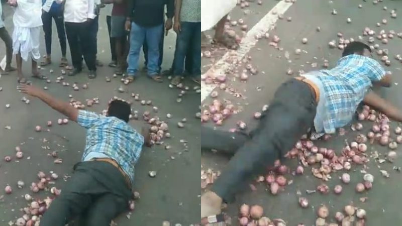 ವಿಜಯಪುರ| ದರ ಕುಸಿತ – ರಾಷ್ಟ್ರೀಯ ಹೆದ್ದಾರಿಗೆ ಈರುಳ್ಳಿ ಸುರಿದು ಹೊರಳಾಡಿದ ರೈತ