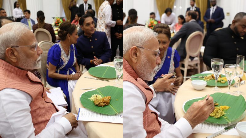 ಟ್ರಿನಿಡಾಡ್‌ನ ಸಾಂಪ್ರದಾಯಿಕ ಸೊಹರಿ ಎಲೆಯಲ್ಲಿ ಭೋಜನ ಸವಿದ ಪ್ರಧಾನಿ ಮೋದಿ