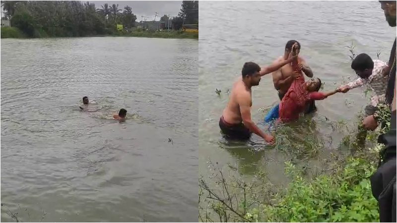 ಪತಿ ಜೊತೆ ಜಗಳವಾಡಿ ಕೆರೆಗೆ ಹಾರಿ ಬದುಕಿಸುವಂತೆ ಆಂಜನೇಯನನ್ನ ಬೇಡುತ್ತಿದ್ದ ಮಹಿಳೆಯ ರಕ್ಷಣೆ