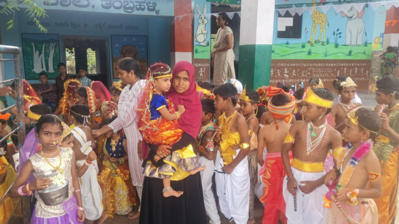 Krishna Janmashtami Hindu Muslim unity Children dressed as Krishna and Radha in Urdu school hagaribommanahalli 2