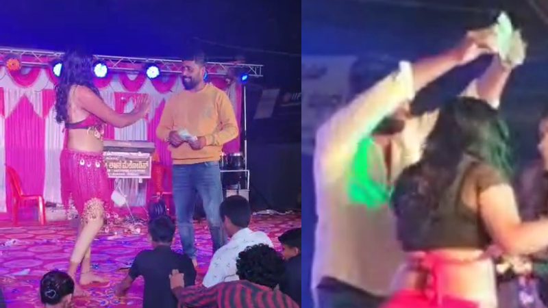 Man throws money young women dancing at Ganesh festival in Chikkamagaluru