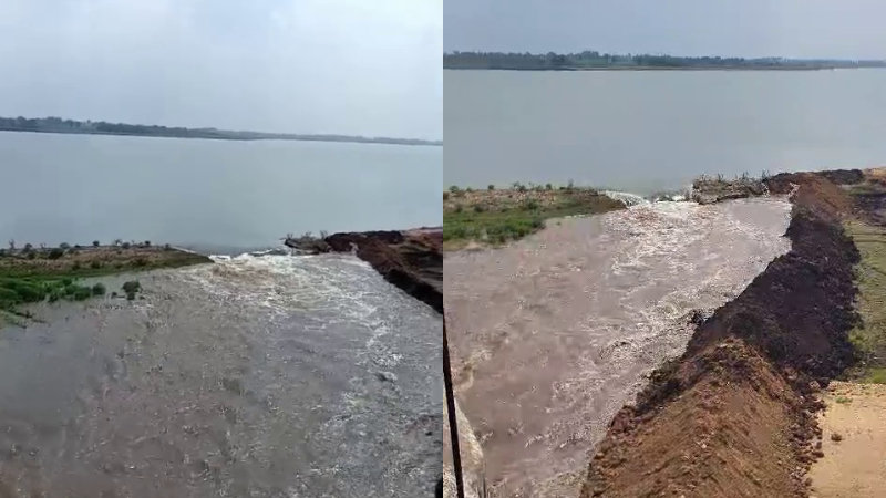 Ballari Malavi reservoirs earthen wall breaks causing water loss Farmers Outrage against officials 2
