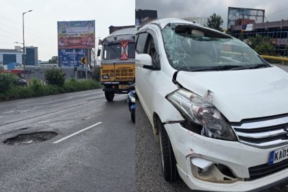 Car overturns while trying to avoid pothole on Kunigal flyover