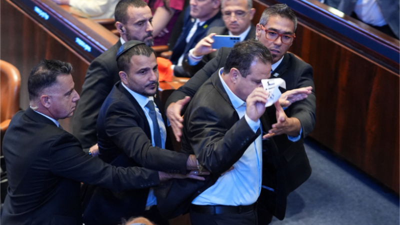 MKs Ayman Odeh and Ofer Cassif removed from Trumps speech after holding up signs calling to recognize Palestine
