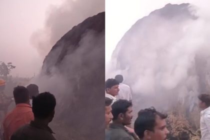 Accidental fire in a paddy straw stack worth Rs 5 lakhs kurugodu Ballari
