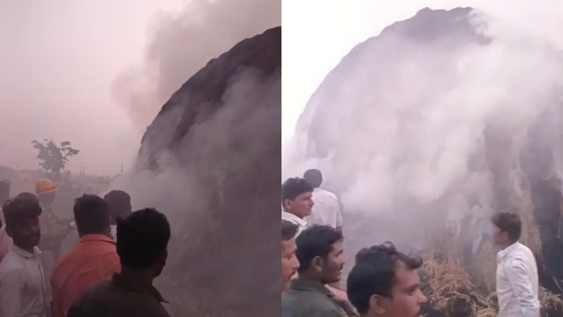Accidental fire in a paddy straw stack worth Rs 5 lakhs kurugodu Ballari 1 1