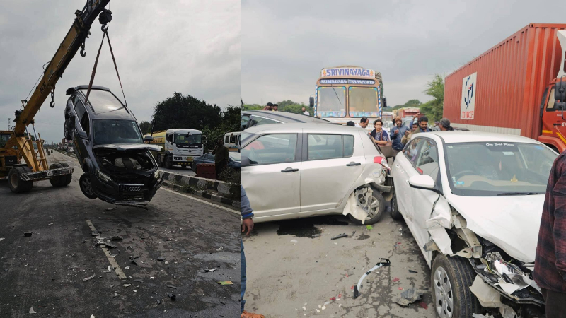 ಬೆಂಗಳೂರು, ಚೆನೈ ಹೈವೇಯಲ್ಲಿ 4 ಕಾರು, ಲಾರಿ ನಡುವೆ ಸರಣಿ ಅಪಘಾತ - ಐವರಿಗೆ ಗಂಭೀರ ಗಾಯ 1 Serial Bengaluru Chennai highway five seriously injured