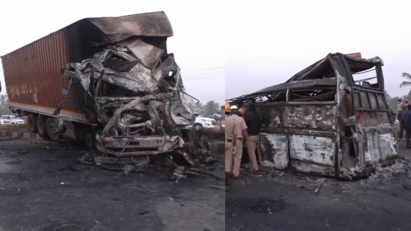 Bus Cleaner react on 10 killed as bus catches fire after collision with truck in hiriyur chitradurg