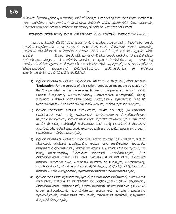 ಜಿಬಿಎ 5 ಪಾಲಿಕೆ ಚುನಾವಣೆ - ಸರ್ಕಾರದಿಂದ ಮೀಸಲಾತಿ ಮಾರ್ಗಸೂಚಿ ಪ್ರಕಟ 5 GBA 3