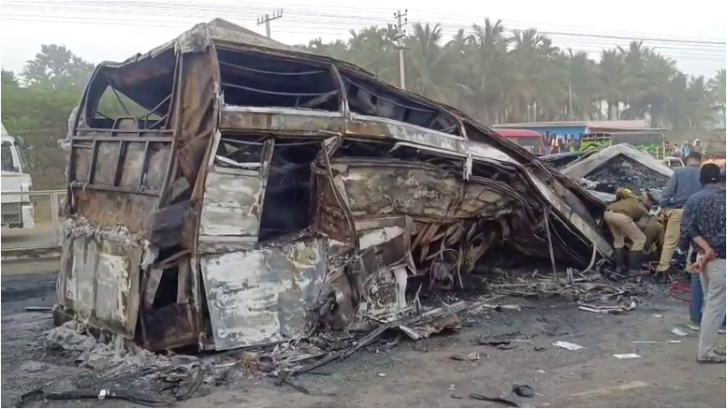 hiriyur bus accident truck hits diesel tank Bus Catches Fire Seabird Company 1