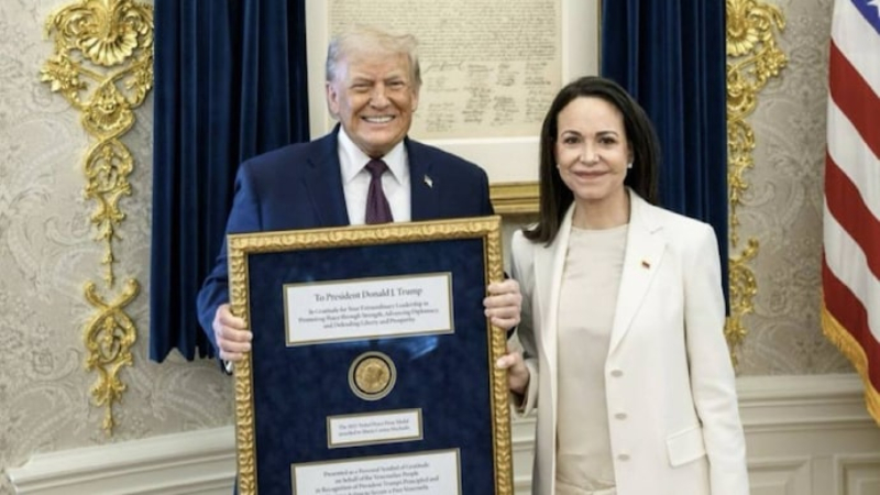 Donald Trump finally gets Nobel Peace Prize medal Venezuelas Machado presents her Nobel Peace Prize