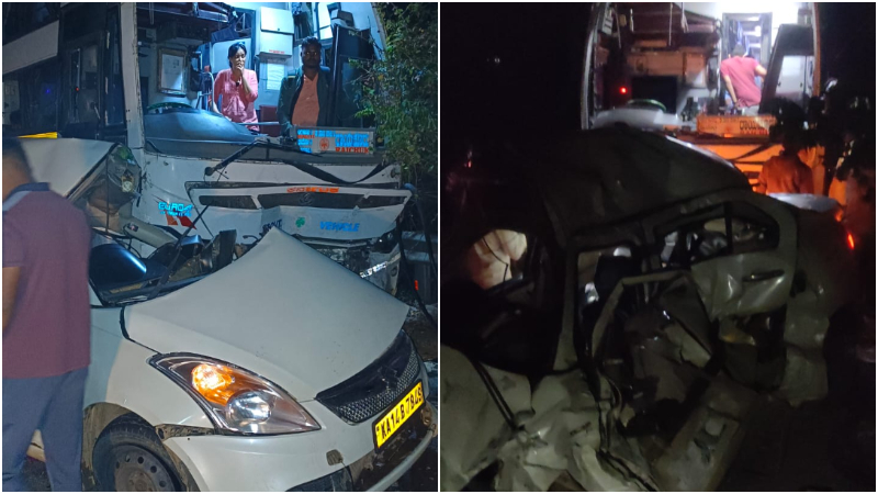 Three killed in Swift car KSRTC bus collision Bharathipura Cross Thirthahalli Shivamogga 1