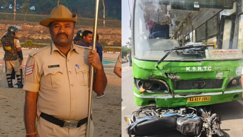 bus collides with bike in channarayapatna head constable dies