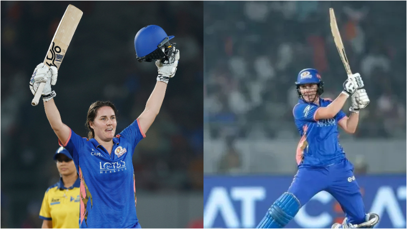 𝗙𝗜𝗥𝗦𝗧 𝗛𝗨𝗡𝗗𝗥𝗘𝗗 𝗜𝗡 𝗧𝗛𝗘 𝗪𝗣𝗟 Nat Sciver Brunt makes history for Mumbai Indians against RCB 1 2