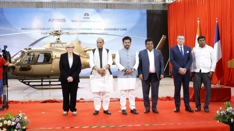 PM Narendramodi and Emmanuel Macron virtually inaugurated the Tata Airbus Light Helicopter Final Assembly Line facility at Vemagal in Kolar 1 3