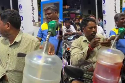 Middle East War Fears of petrol price hike A rider carrying a jar of water to a petrol Bunk