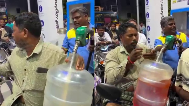 Middle East War Fears of petrol price hike A rider carrying a jar of water to a petrol Bunk