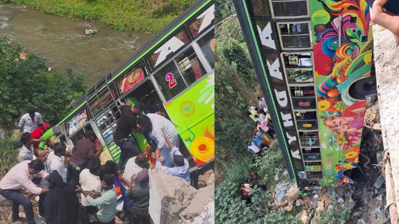 bus falls off bridge near badravati kagehalla
