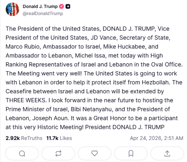 A very historic meeting went very well Trump announces three week extension of Israel Lebanon ceasefire