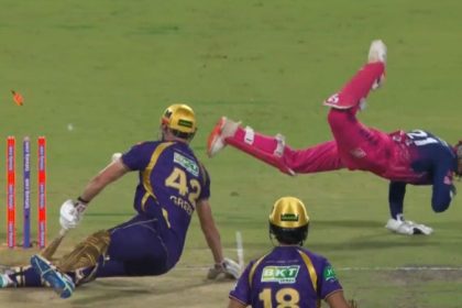 IPL 2026 Dhruv Jurel off balance and diving away from the stumps but hits the target