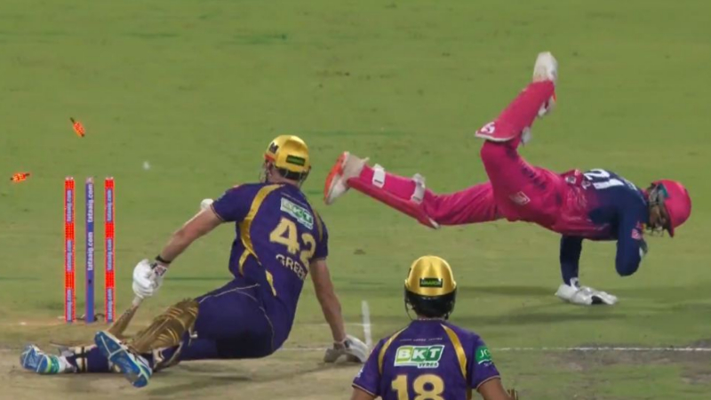 IPL 2026 Dhruv Jurel off balance and diving away from the stumps but hits the target