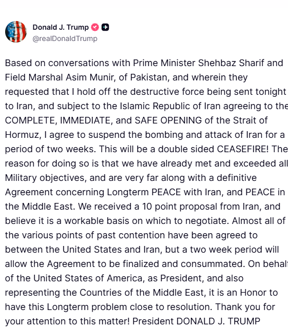 Iran Agreed To Open Hormuz Donald Trump Pauses Strikes On Iran For 2 Weeks