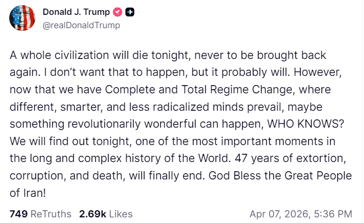 Iran War A whole civilization will die tonight Donald Trump warning to Iran