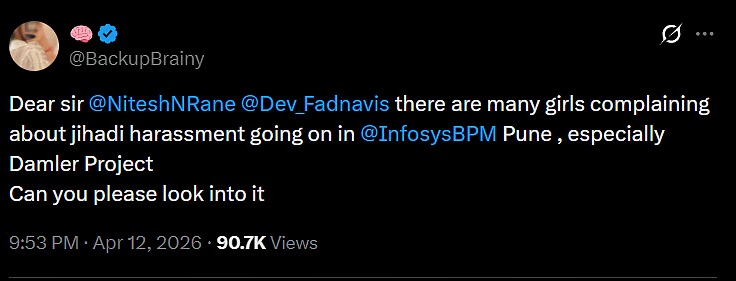 ಇನ್ಫೋಸಿಸ್ನಲ್ಲೂ ಕಾರ್ಪೋರೇಟ್ ಜಿಹಾದ್ ಆರೋಪ - ಮಹಾ ಸಚಿವರಿಗೆ ದೂರು 3 Jihadi Harassment Going On At Infosys In Pune X User Complains To Minister Nitesh Rane Amid TCS Row Corporate Jihad