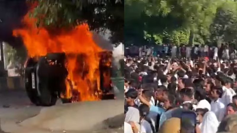 ವೇತನ ಹೆಚ್ಚಳಕ್ಕೆ ಆಗ್ರಹಿಸಿ ನಡೆಸುತ್ತಿದ್ದ ನೌಕರರ ಪ್ರತಿಭಟನೆ ವೇಳೆ ಹಿಂಸಾಚಾರ - ಪೊಲೀಸರ ವಾಹನಗಳಿಗೆ ಬೆಂಕಿ 5 Noida Protest
