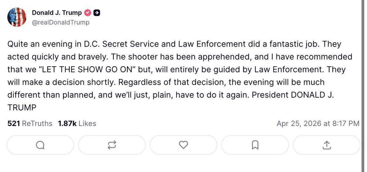 Shots Heard During Press Dinner At White House Donald Tump Evacuated Correspondents Dinner Trump Post1