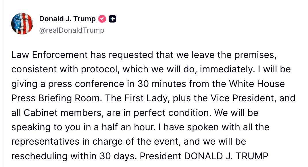 Trump says shooter apprehended after president rushed from White House Correspondents Dinner 2
