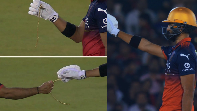 IPL 2026 Jacob Bethells Gold Chain Drops After Dismissal As Devdutt Padikkal Picks It Up During RCB vs KKR